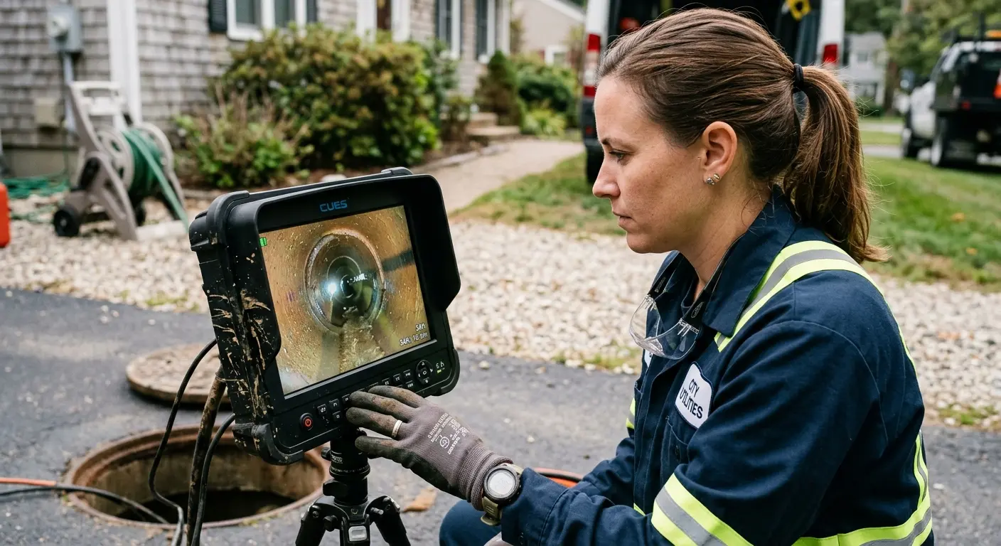 Technician reviewing sewer camera inspection footage in Robertsdale