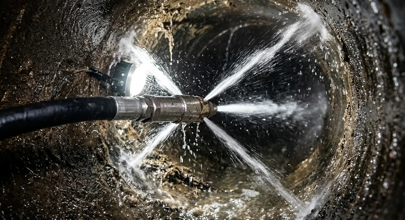 High-pressure hydro jetting nozzle cleaning sewer pipe for Emergency Drain Service in Robertsdale