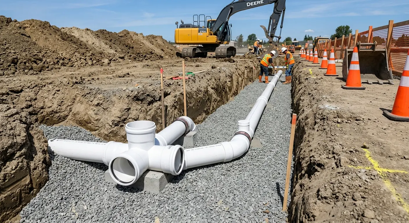 New PVC sewer pipe installation in open trench for Sewer Backup in Robertsdale