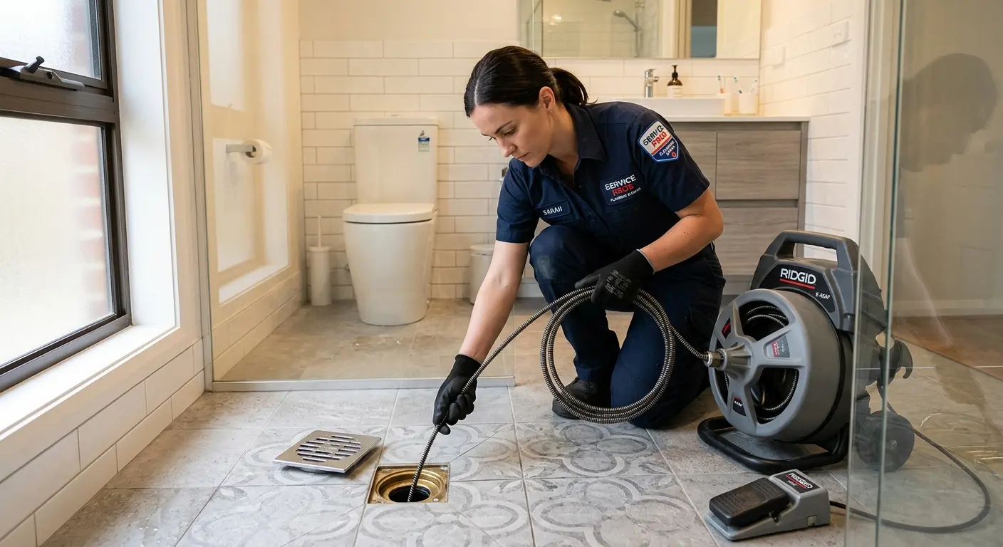 Technician clearing a bathroom floor drain for Hydro Jetting in Robertsdale